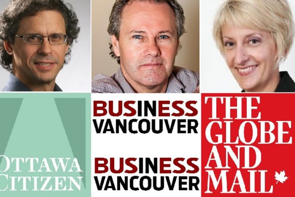 از راست: Alison Boulton در روزنامه گلوب اندمیل، نلسون بنت Nelson Bennett
در Business in Vancouver و David Pugliese در اتاوا سیتزن