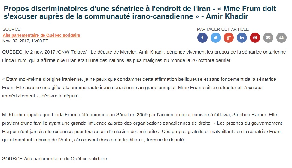 متن بیانیه «شاخه پارلماني» حزب «همبستگي کبک» Québec Solidaire در باره سخنان دکتر امير خدير نماينده مونتریال در مجلس کبک به زبان فرانسه
