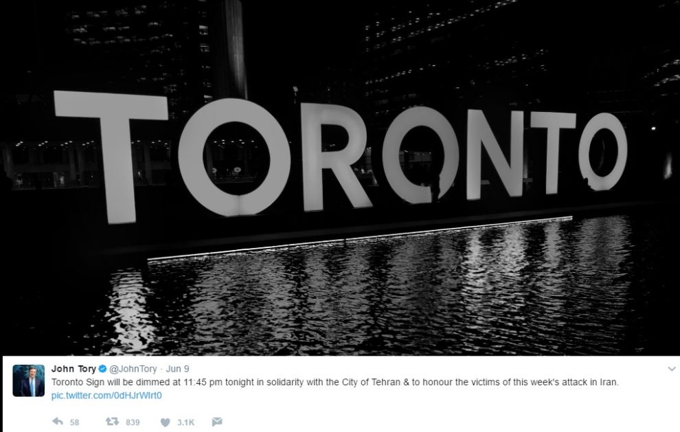 جان توری شهردار تورنتو: Toronto Sign will be dimmed at 11:45 pm tonight in solidarity with the City of Tehran & to honour the victims of this week's attack in Iran. pic.twitter.com/0dHJrWIrt0