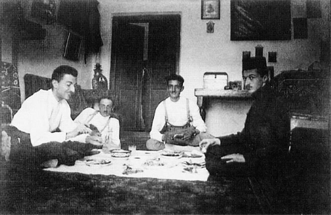 From right: Sadeq Hedayat, Mozayeni -friend Issa Hedayat (brother), Mohammad Hossein Adib -cousin