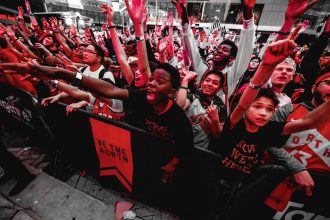 Cheering Raptors’ fans watching the game from Maple Leaf Square could be heard inside the Scotia Bank Arena. (Photo: Twitter\Toronto Raptors)